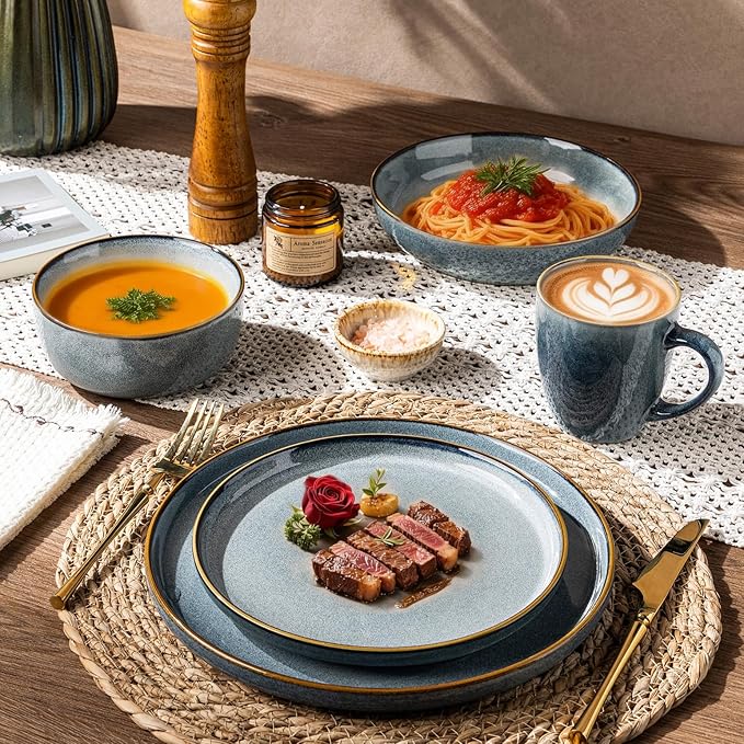 GBHOME Ceramic Dinnerware Sets for 4 12 Pieces Stoneware Plates and Bowls Sets Reactive Glaze Dishes -Scratch Resistant Dishwasher&ampMicrowave Safe Space Blue
