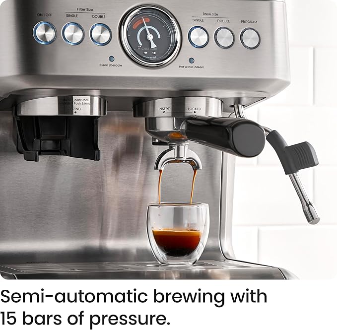 Chefman Crema Supreme 15 Bar Espresso Machine with Milk Frother Barista Steam Wand Professional Coffee Maker with Coffee Grinder 30 Grind Settings 3L Removable Water Tank - Stainless Steel