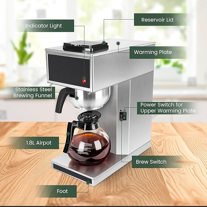 YUANHAO Commercial Coffee Maker 12-Cup with Dual Warmers Pourover Stainless Steel Coffee Brewer Machine-120V Compact Drip Coffee Maker for Office Church Break Room Event Use