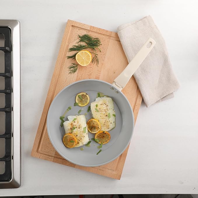 Gibson Home Barnsdall 2 Piece 8 &amp 10 Inch Aluminum Fry Pan Cookware Non-Toxic Ceramic Non Stick Frying Pan Kitchen Egg Pan Omelet Pan Always Pan Pots and Pans Linen White Induction Safe