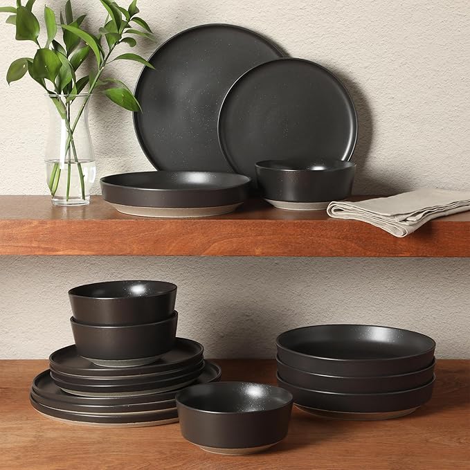 Gibson Elite Overbrook 16-Piece Pottery Clay Stoneware Dinnerware Set – Black Reactive Glaze Stackable Plates and Bowls W/Pasta Bowl Service for 4 – Microwave &amp Dishwasher Safe