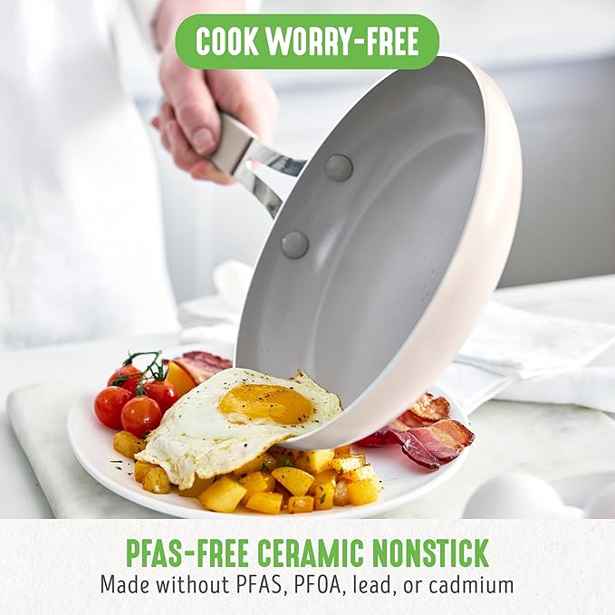 GreenLife 10-Piece Nonstick Ceramic Cookware Set Lightweight Healthy PFAS-Free Pots &amp Pans with Lids Dishwasher &amp Oven Safe Durable Body Silicone Stay-Cool Handles Easy Release Taupe