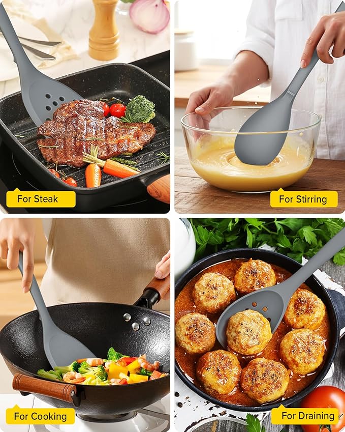 Silicone Cooking Utensils Set 9 Pcs Heat Resistant Kitchen Utensils with Back Hooks BPA Free Kitchen Tools with Spatulas Spoons Skimmer and Pasta Fork for Non Stick Cookware (GRAY)