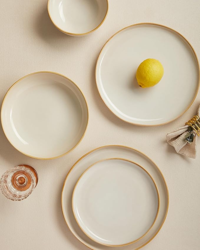 24 Pieces Dinnerware Set for 6 with Pasta Bowls Complete Ceramic Dish Set Stackable &amp Glossy Stoneware Plate and Bowl Set for Effortless Everyday Hosting Yellow White