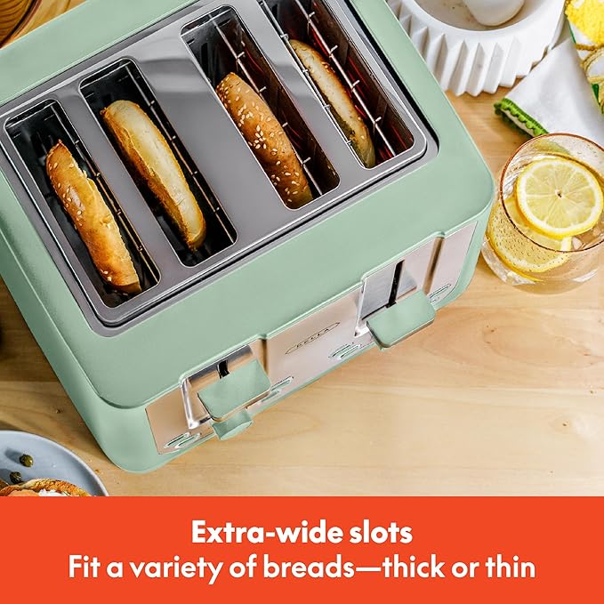 BELLA 4 Slice Toaster with Auto Shut Off - Extra Wide Slots &amp Removable Crumb Tray and Cancel Defrost &amp Reheat Function - Toast Bread &amp Bagel Sage