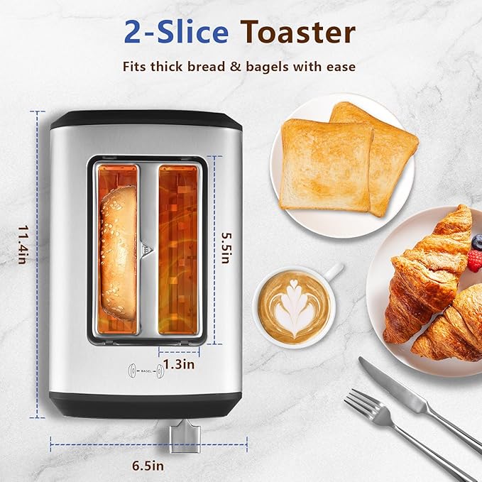 Touch Screen Toaster 2 Slice Smart Digital Toasters 6 Browning Levels &amp 6 Bread Types Bagel Memory Function Timer Stainless Steel 800W