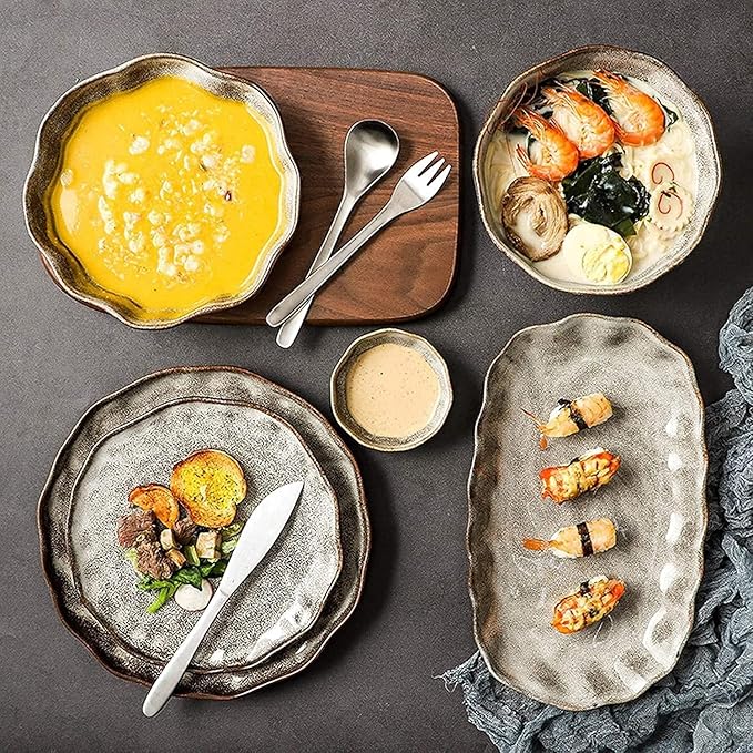 ☆Ceramics Dinner Sets Plates Set 38 Pieces Japanese Style Stone Pattern Dinnerware Set - Retro Porcelain Cereal Bowl and Steak Plate Set for Family GatheringGray size