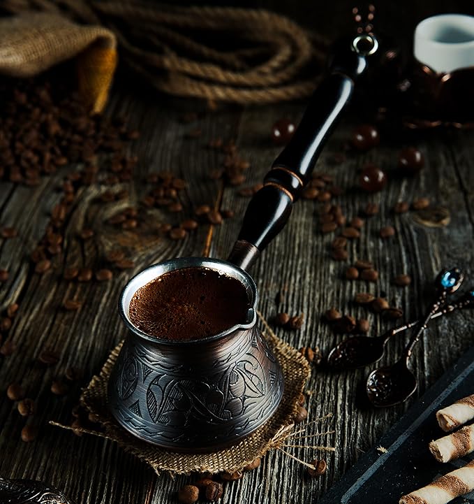 DEMMEX 15 Oz Thickest Copper Turkish Greek Arabic Coffee Pot Stovetop Coffee Maker Cezve Ibrik Briki with Wooden Handle &amp Spoon Hand Engraved (Antique Copper 6 Servings)