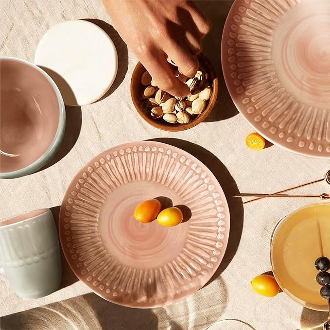 ARTESA Color Full Macao Melon Handmade Dinnerware 4-Piece Pink and White Ceramic 11.4-Inch Plates 7.8-Inch Plates Bowl Cup Microwave Safe