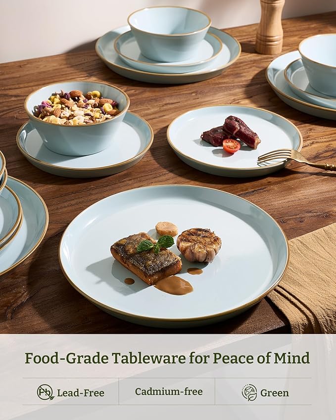 Famiware Saturn Stoneware Dinnerware Sets for 8 (24 Pieces) Ceramic Plates and Bowls Dish Sets with Hand-Painted Trim - Chip &amp Scratch Resistant Microwave &amp Dishwasher Safe Tableware Light