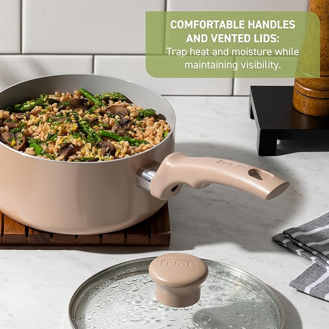T-Fal Refresh Ceramic Nonstick Cookware Set Oven Safe Up to 350ºF 12-Piece Includes Stockpot Griddle Frying Pans Utensils Ceramic Pots and Pans Set Mint Green