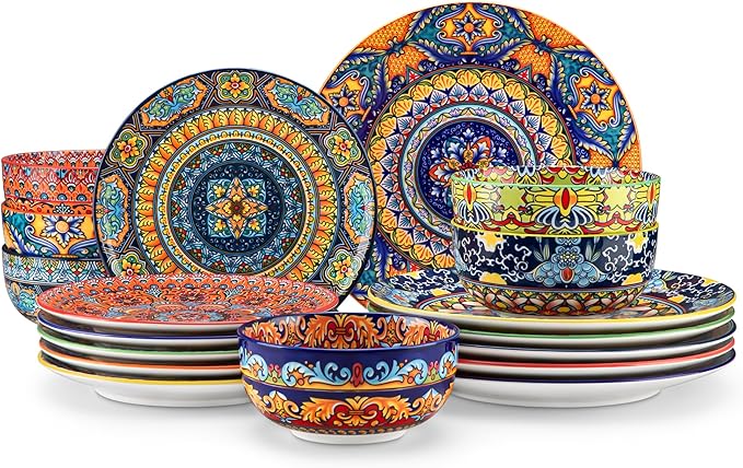 vancasso 18-Piece Dinnerware SetsCeramic Plates and Bowls Sets Service for 6 Bohemian Style Porcelain Dishes Set for 6 Microwave and Dishwasher Safe Scratch ResistantNon Toxic Series KRVI