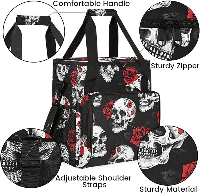 Skull Rose Flower Travel Coffee Maker Carrying Bag Large Organizer Storage Tote Bag Insulated Reusable Cooler Grocery Bags