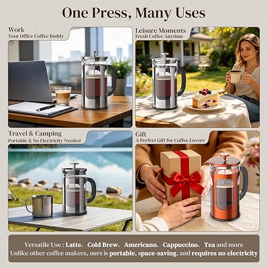 Veken French Press Coffee Maker 34oz No Plastic Touching CafeThickened Glass Stainless Steel Brewer Cold Brew Cafetera Tea pot for Kitchen Travel Camping Gifts Decor Bar Accessories Dark Pewter