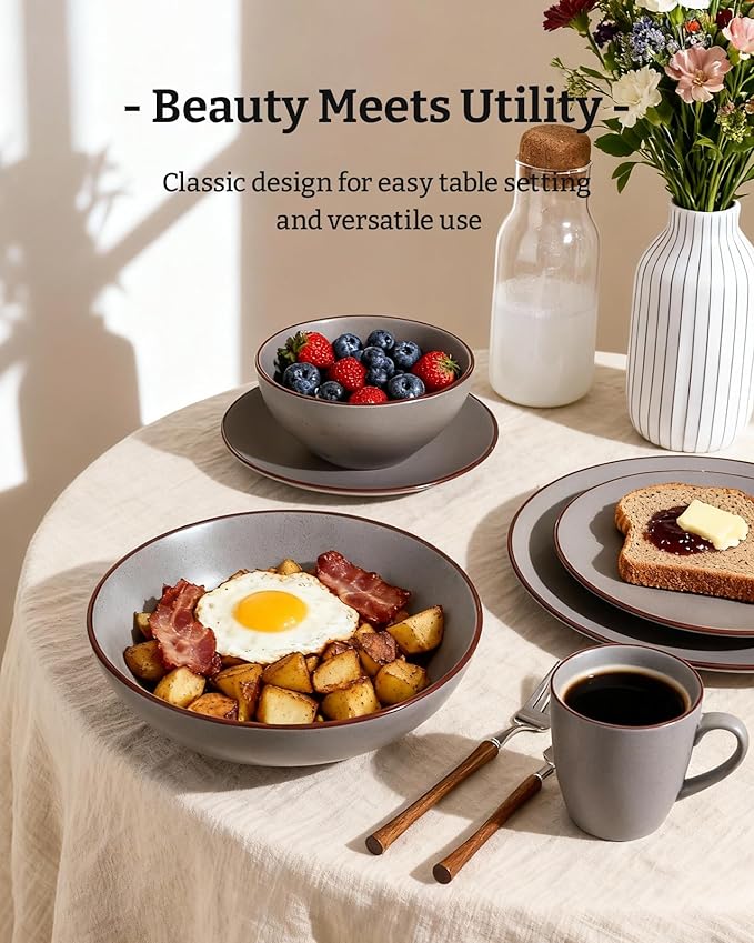 Famiware Venus Speckled Dinnerware Set with Pasta Bowls for 4 (16 Pieces) Stoneware Plates and Double Bowls Matte Dark Gray - Microwave &amp Dishwasher Safe Dishes with Trim for Everyday &amp Form