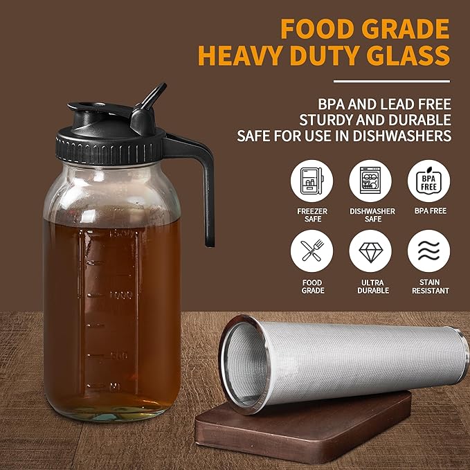 PIZVOXCold Brew Coffee Maker Pitcher 32 oz Thick Glass Mason Jar Spout Lid with Handle &amp Stainless Steel Filter for Iced Brew Coffee Ice Lemonade Sun Tea Fruit Drinks Container