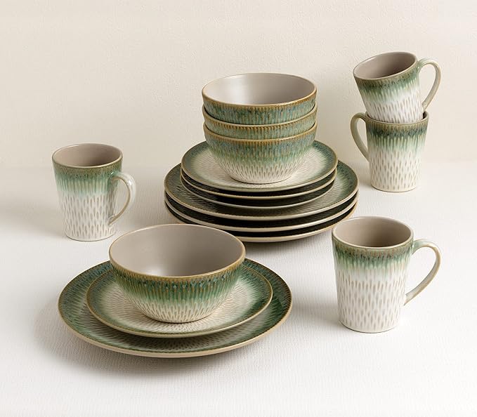 Lorren Home Trends 16 Piece Stoneware Set-Green Drop