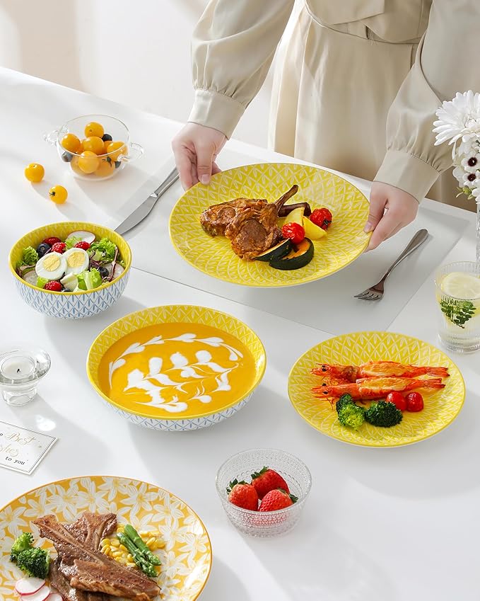 vancasso SELENE 24 Pieces Dinnerware Sets and 8.5 Pasta Bowls Set of 6 40 oz Porcelain Shallow Salad Bowls