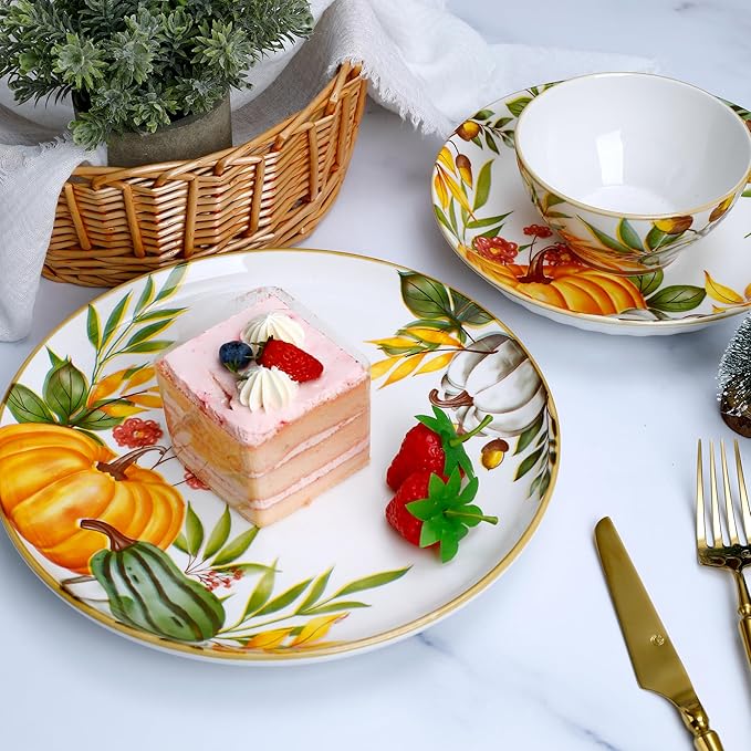 12-Piece Porcelain Dinnerware Set Service for 4 Pumpkin Pattern Plates &amp Bowls Microwave and Dishwasher Safe Dinnerware Set