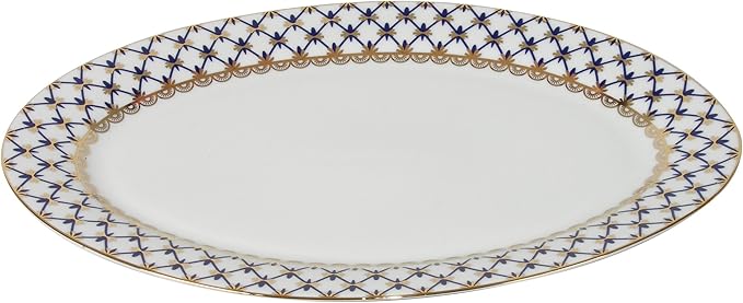 Lorren Home Trends 57-Piece Porcelain Dinnerware Set with Cobalt Blue Lattice Border Service for 8 Gold