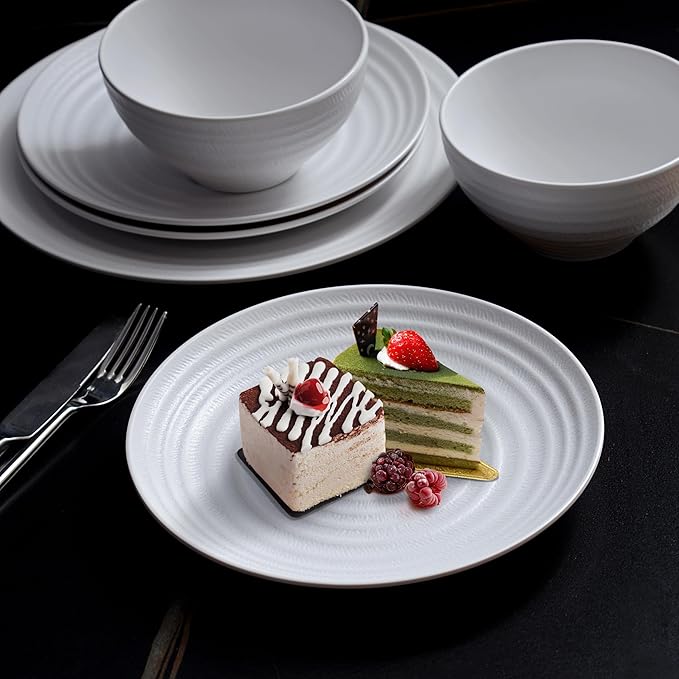 White Melamine Dinnerware Sets12PCs Anti-scratch Dishes Set Lightweight and Non breakable DinnerwareSuit for Indoor and Outdoor Use Dishwasher SafeBPA free (Classic White)