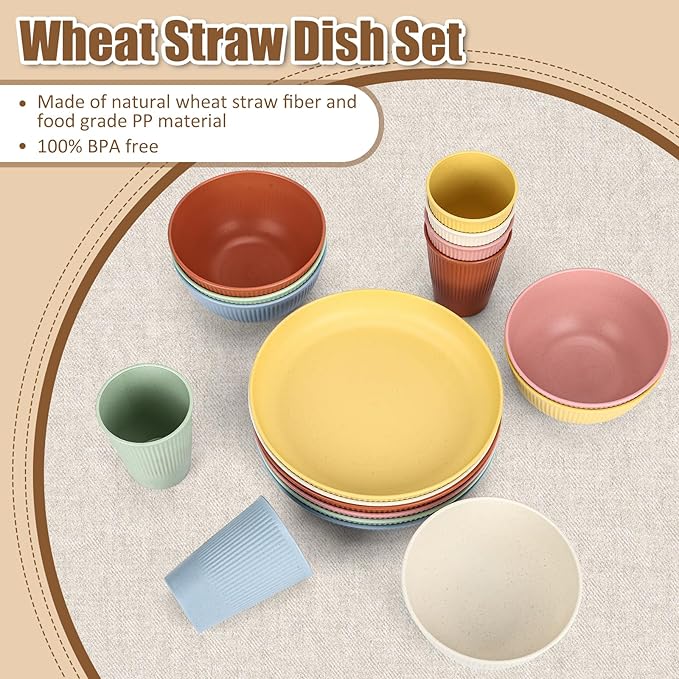 18PCS Wheat Straw Dinnerware Sets Unbreakable Reusable Dinnerware Set for 6 Microwave Dishwasher Safe Dinnerware Dinner Outdoor Camping Dishes