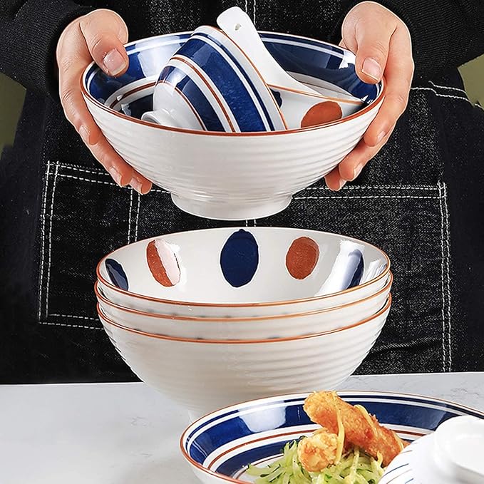 Kitchen Tableware SetCeramics Dinner Sets Retro Annual Ring Porcelain Dinnerware Set of 24 Japanese-Style Cereal Bowl and Steak Plate Set for Family Gathering