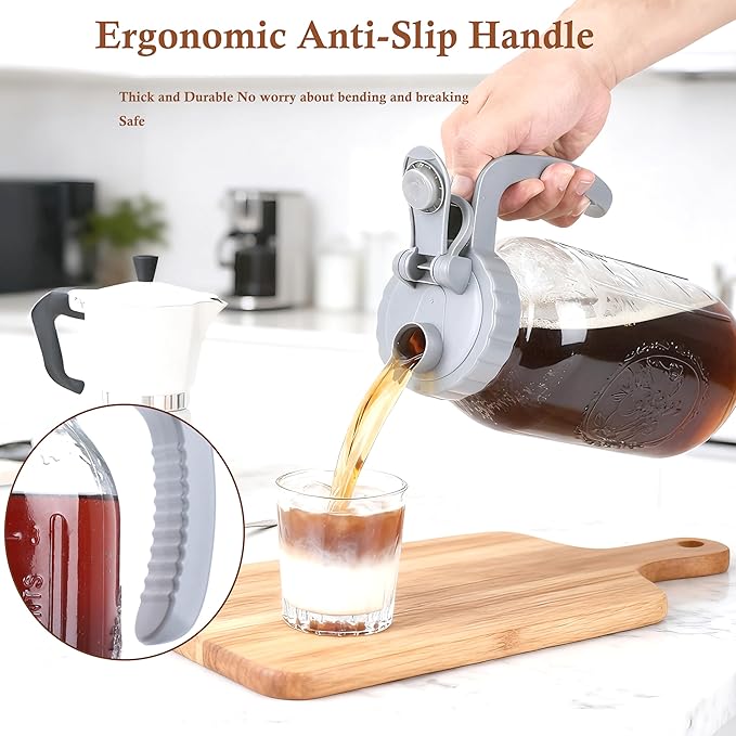 64 OZ Cold Brew Coffee Maker 2 Quart Mason Jar Glass Iced Tea Pitcher With Stainless Steel Filter Half Gallon Pitcher With Spout Lid For Iced CoffeeTea &amp LemonadeSun Tea Airtight &amp Leak-Proo