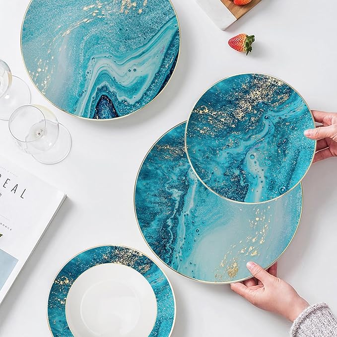 Romantic countryside Bone China Dinnerware Sets Service for 6Delicate afternoon tea Dinnerware SetSteak Dinner Plates Dish Set Includes coffee cupBlue Ocean