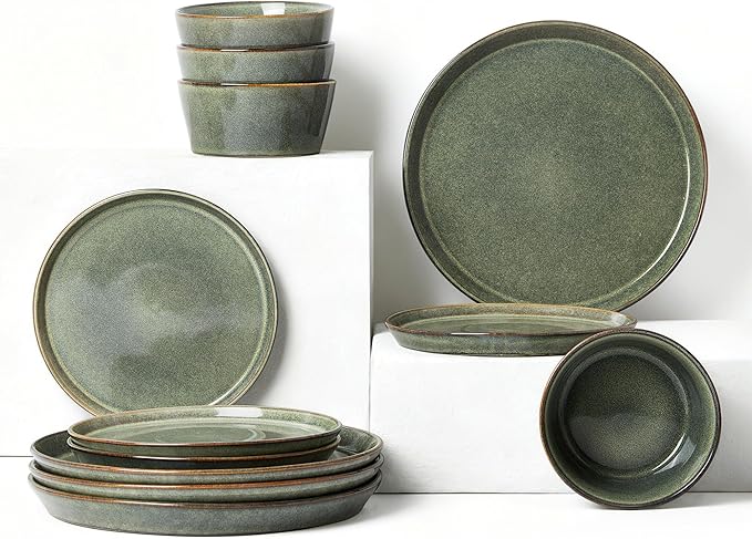 Dinnerware Sets Microwave Safe Plates and Bowls Sets Dishes Set for 4 Chip &amp Scratch Resistant Dinner Set Reactive Glazed Farmhouse Dishware Sets Green Wheat