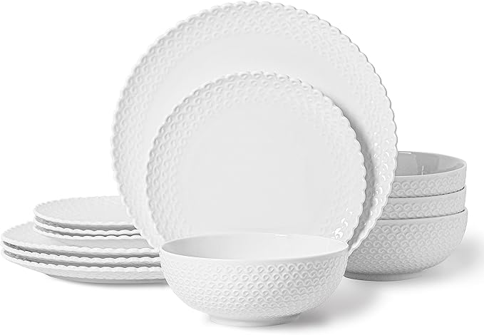 HOMBENE Dinnerware Set 12 Piece Porcelain Dinnerware with Plates Bowls and Dishes Modern Dish Set for 4