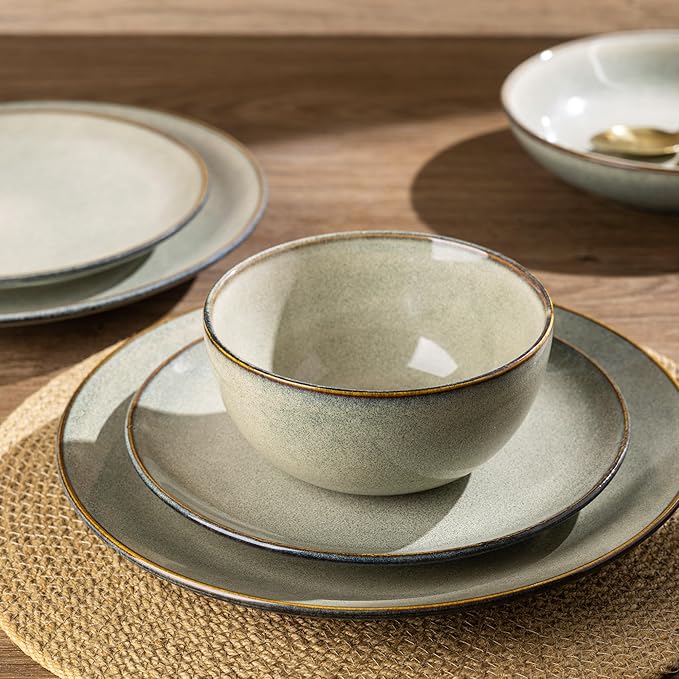 AmorArc Ceramic Dinnerware Sets for 8 24 Pieces Handpainted Stoneware Plates and Bowls Set Scratch Resistant Dishes Set Dishwasher &amp Microwave Safe Reactive Color