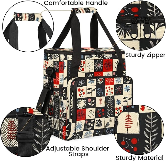 Flowers Leaves Plaids Coffee Maker Travel Bag for Keurig K-Mini/K-Mini Plus Insulated Waterproof Tote with Pockets for K-Cup Portable Single-Serve Brewer Case