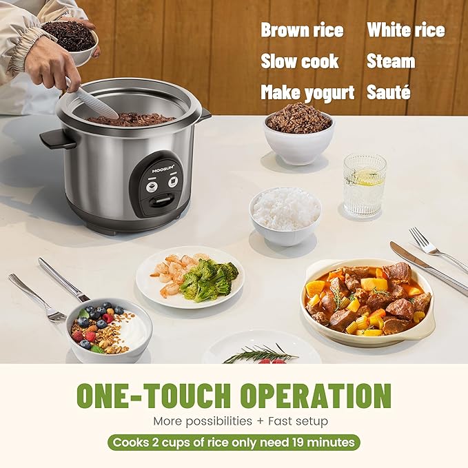 3-Cup Uncooked Rice Cooker Small Stainless Steel Non-Toxic Inner Pot One-Touch Multifunction for Rice/Sauté/Yogurt Dishwasher Safe 1-3 People Size Silver