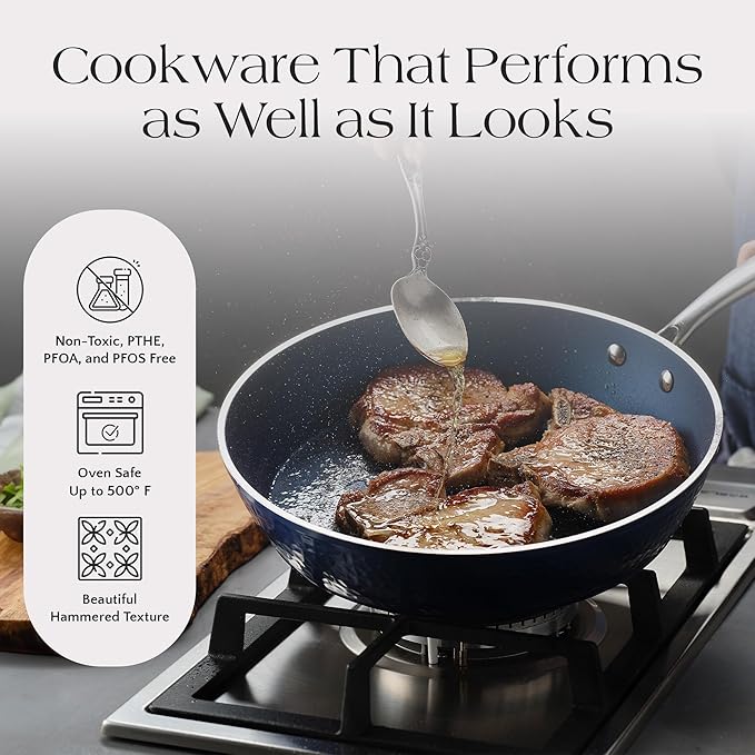Luxurious Non-Stick Ceramic 3 Piece Blue Hammered Cookware Set Lightweight Scratch-Resistant Dishwasher Safe Oven Safe up to 500°F Suitable for All Stove Types