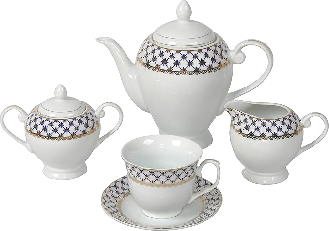 Lorren Home Trends 57-Piece Porcelain Dinnerware Set with Cobalt Blue Lattice Border Service for 8 Gold