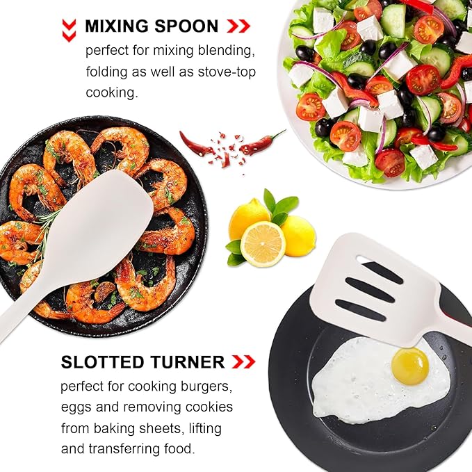Silicone Kitchen Utensils Set of 4 Large Non-Stick Cooking Utensil Set w Wooden Handle Food Grade Heat Resistance Turner Spoon Silicone Cooking Kitchen Gadgets BPA Free for Nonstick Cookware