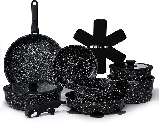 Country Kitchen Cookware Set with Removable Handle Oven &amp RV Safe Pots and Pans Set Black Deluxe Larger Set