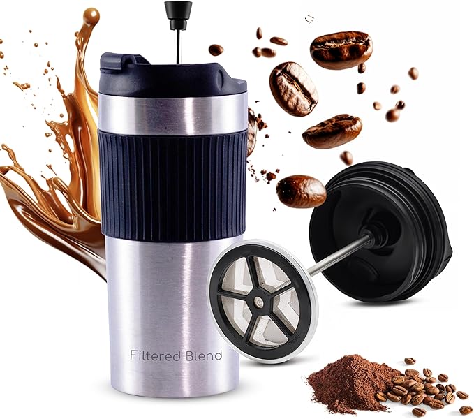 15oz Double Wall Stainless Steel Insulated French Press Coffee and Tea Maker - Portable Camping Mug and Tumbler - Heat Retaining Leak-Proof Travel-Friendly for Office and Outdoor Adventures (Silver)