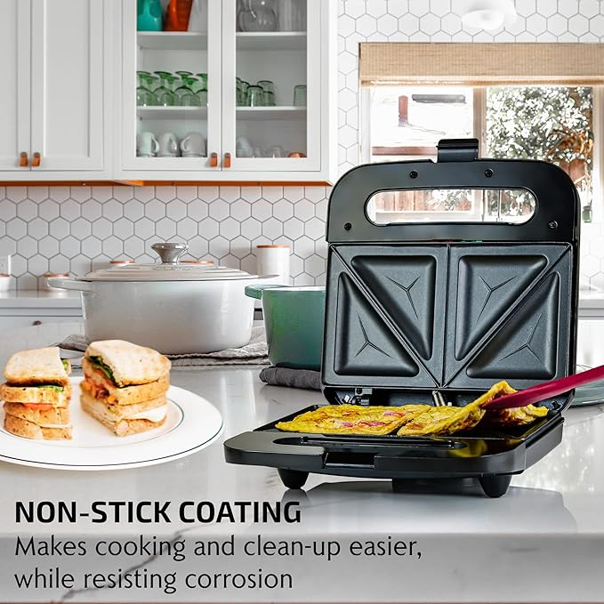 OVENTE Electric 2 Slice Toaster Machine with 6-Shade Toast Settings 700W Power &amp Electric Sandwich Maker with Non-Stick Plates Indicator Lights Cool Touch Handle