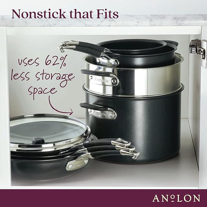Anolon SmartStack Hard Anodized Nonstick Induction Nesting Cookware/Pots and Pans Set Dishwasher Safe 9 Piece - Black