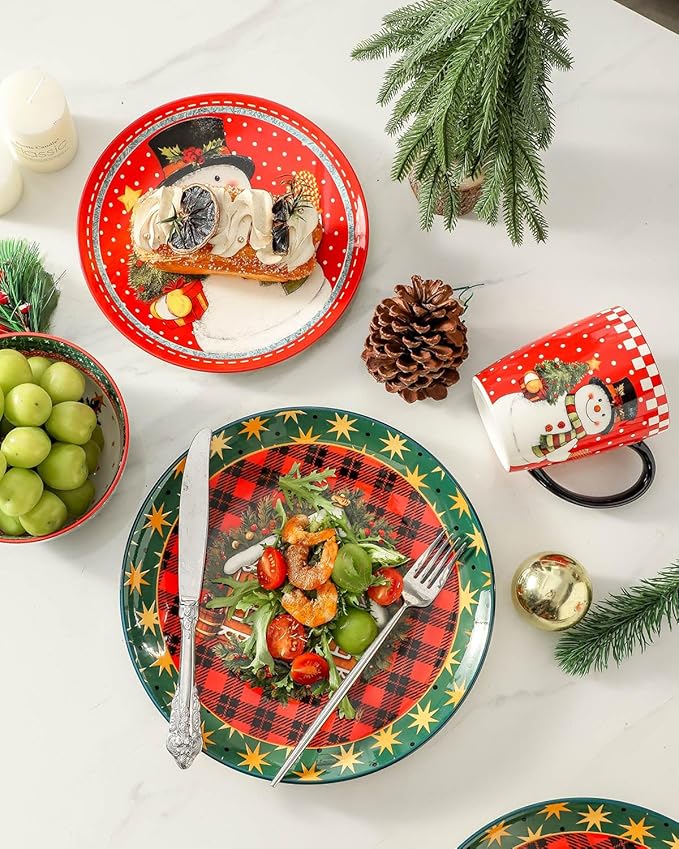 Hasense 12 Pieces Christmas Dinnerware Set Ceramic Dish Plates and Bowls Red &amp Green Design Dinnerware Sets for 4 Dishwasher &amp Microwave Safe Dishes Ideal for Christmas Gift