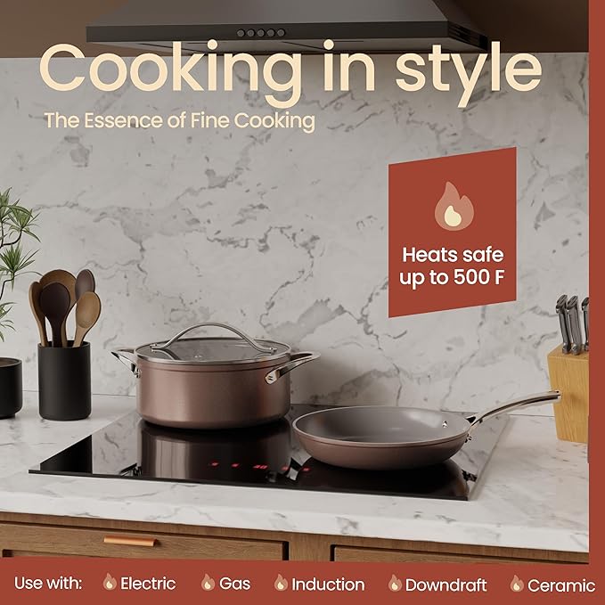 Crystal Kung Minkoff Ceramic Cookware Set – 14-Piece Pots and Pans Set with Lids Silicone Utensils &amp Oven Mitts Nonstick and Non-Toxic PTFE/PFAS Free Dishwasher &amp Stovetop Safe Up to 500°F