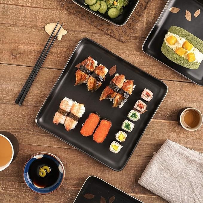 16 Piece Modern Trendy Art Porcelain Square Dinnerware Sets Embellished Gold Leaves Design Microwave &amp Dishwasher Safe Black Dinnerware Sets for 4 Large Dinner &amp Salad Plates Deep Bowls and