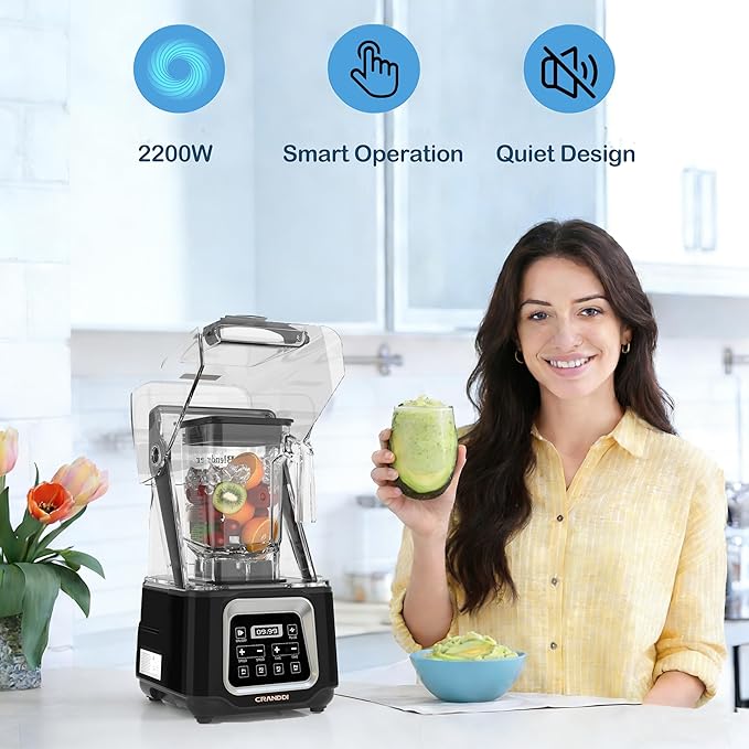 CRANDDI Commercial Smart Smoothie Blender - 2200W High-Power Professional Blenders for Smoothies &amp More 4 Pre-Set Programs Quiet Blender with Removable Shield 52oz Jar 120V K80TS (Black)