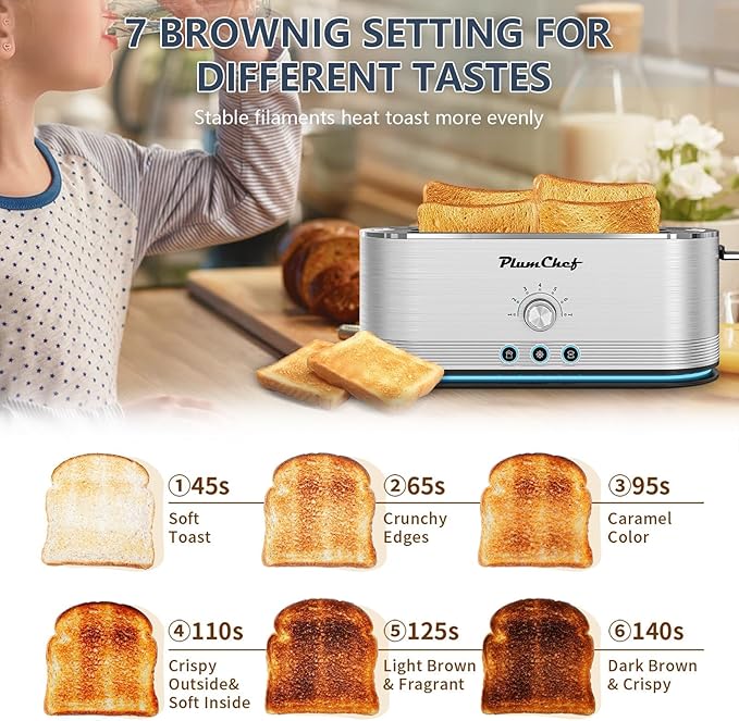 4-Slice Toaster Extra Wide Long Slot 7 Browning Settings Defrost/Reheat Functions Removable Crumb Tray Stainless Steel Housing 1350W Anti-Fingerprint &amp Anti-Jam
