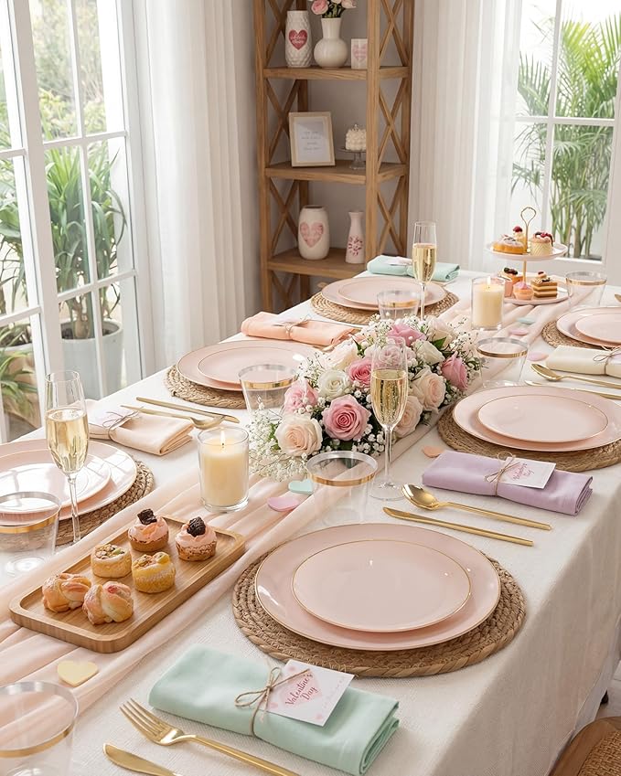bUCLA 150PCS Pink Plastic Plates - Pink and Gold Disposable Include 25 Each (Dinner &amp Dessert) Plates 25 Knives 25 Forks 25 Spoons and 25 Cups Ideal for Party Wedding &amp Easter