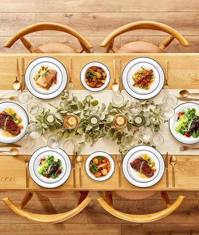 12 Pieces Ceramic Dinnerware setPlates and Bowls Sets for 4White Dinnerware Set for Kitchen Modern Design Plate Sets with Black Rim Microwave and Dishwasher Safe