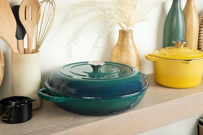 Larder &amp Vine 4-Piece Enameled Cast Iron Cookware Set: 8 Quart Dutch Oven with Lid 3.6 Quart Braiser with Lid Cast Iron Cookware with Oversized Handles Oven Safe up to 500°F (Bondi)