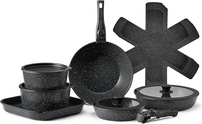 17 Piece Pots and Pans Set Granite Nonstick Kitchen Cookware Induction Black